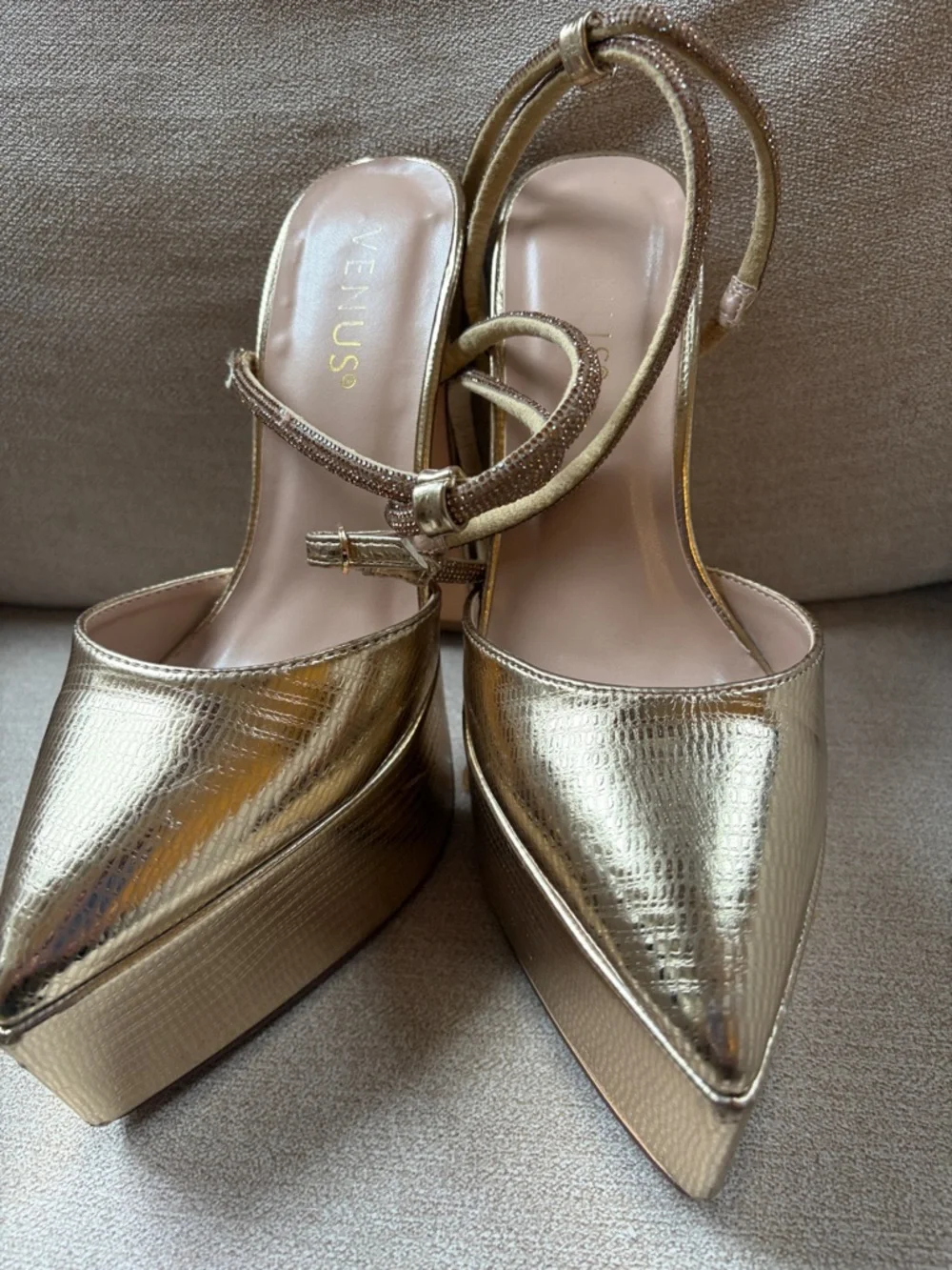 Venus Gold Platform double twist Ankle-Strap Women's Heels